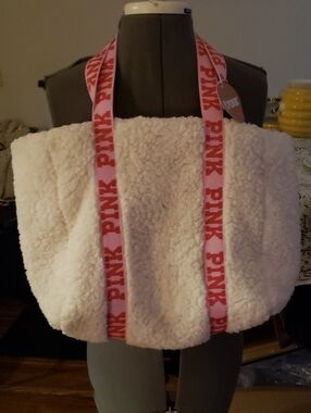 PINK Victoria's Secret Cream Sherpa Tote with Pink Logo Straps